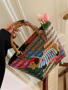 Handwoven Large Capacity Straw Basket Bag Womens Handbag Vacation Beach Bag Durable Eco-friendly Fashionable Youth Style