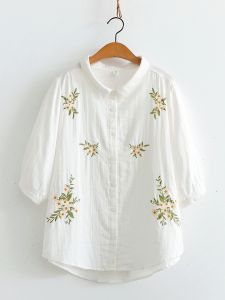 Double-Layer Cotton Yarn Half-Sleeve Shirt Womens Summer Mori Girls Artsy Fresh Flowers Embroider Soft Comfortable 100% Cotton Coat