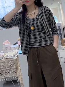 UYFY | Striped Round Neck Long Sleeve Open Cardigan Womens Loose Casual Style Autumn New Arrival Slimming Commuting Top