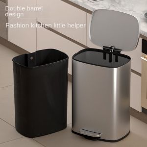 Large Capacity Stainless Steel Trash Can Pedal Kitchen Living Room Office Luxury Hotel Commercial Soft Close 50L Garbage Bin Waste Paper Basket