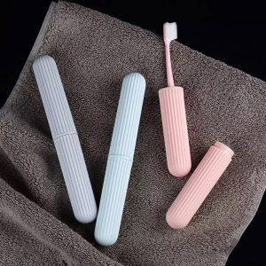 Portable Travel Toothbrush Case - Compact Plastic Holder with Simple Stripes for Bathroom Camping Daily Use