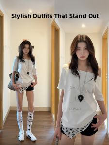 VKSOD | American Style White Shoulder Bared Short Sleeve T Shirt Womens Black Shorts Two Piece Set Slimming Effect Summer Hot Girl