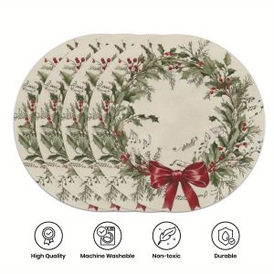 VIKAMA 4PC Christmas Holly Berry Meal Mat Green Winter Red Leaves Red Berry Music Bow Table Christmas Party Decoration