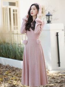 Stunning Early Autumn French Style Age-Defying College Fashion Pink Knitted Dress Beautiful Inner Wear Base Long Dress Winter