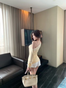 Duzhong Home Korean Style Pure Desire Casual Loose Long Sleeve T-Shirt Shoulder Bared Girl Initial Autumn Oblique Collar