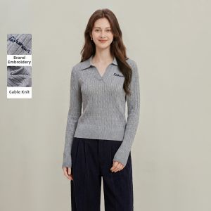 INMAN | Slim Fit Grey Polo Embroidery Stitch Sweater