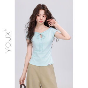 YOUXIANG | Áo Thun Tay Ngắn Có Dây Đai Màu Xanh Trời
