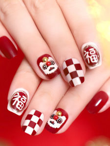 Short Wearing False Nails New Year Ready-to-wear Lion Wake up Lucky Chessboard Pattern Spring Festival Nail Patches