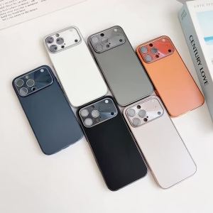 Luxury Glass Large Window Lens Protect Case For iPhone 17 16 15 14 13 12 Pro Max Plus Solid Color Shockproof Phone Cover Coque
