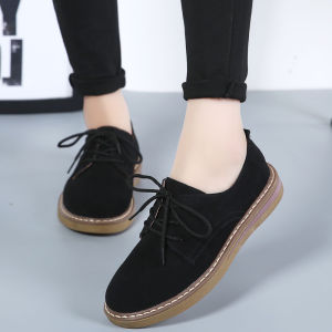 New 2025 Womens Casual Shoes British Style Frosted Leather Flat Heel Soft Bottom Retro Mom Shoes round Toe Daily Wear