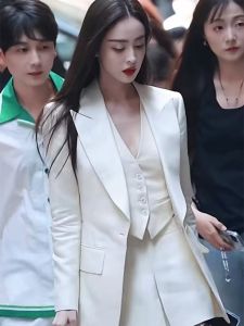 Gulinaiza White Suit Jacket Womens Casual Style Spring Autumn New High-End Feelings Polyester Fabric Long Sleeve Midi Length