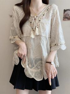AIYITI | Bohemian Embroidered Short Sleeve Lace Shirt Summer New Plus Size Womens High Sun Protection Cover Up Top Loose Fit Korean Style