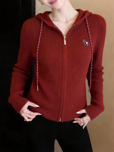 QINGNAER | Slimming Hooded Zipper Knitted Sweater