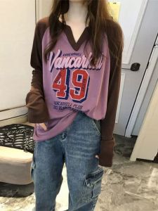 Color Block Long Sleeve Womens T-shirt Loose Fit Base Layer Shirt plus Size Trendy Brand Cotton V-neck Mid-length Body Shirt