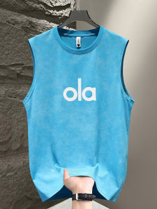 Mens Summer Sleeveless T-Shirt Loose Fit Blue Cooling Feeling American Casual Style Printed round Neck Cotton Polyester Blend