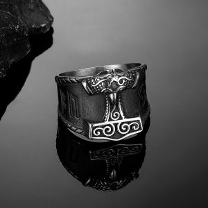 Vintage Vikings Norse Runes Thors Hammer Rings Mens Antique Steel Odins Crow Mjolnir Talisman Scandinavian Jewelry Male Gifts