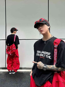 American Style Red Work Pants Men Summer Dopaamine Colorful Straight Tube Parachute Pants Casual Loose Fit Teenagers Fashion