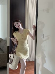 GUZILIAN | Slimming Pure Desire Sweet Short Sleeve Womens Dress Summer New Style French Wood Grain Edge Short Skirt Korean Version Commute