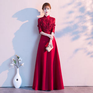 Red Wedding Dress Womens Short Slimming Evening Gown Korean Style A-Line Skirt Long Sleeve Hollow out Back Door Dress