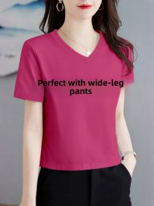 LINGLONGDAI | Slimming Pure Cotton Short Sleeve V-neck T-shirt Korean Style Summer Top Base Shirt Short Length Fashionable Womens Tee