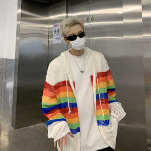 Rainbow Contrast Stripes Cut Out Hooded Knit Cardigan Male Trendy Spring & Fall Dopamine Japanese Style Couple Sweater Outwear