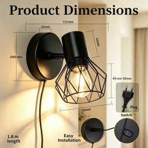 CANMEIJIA | Plug In Wall Sconce Black Metal Wire Cage Wall Lamps E27 Vintage Industrial Loft Wall Lights For Bedroom Bedside Reading Decor