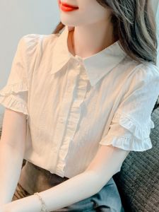 Áo Sơ Mi Trắng Cotton Nguyên Chất Cho Nữ Mùa Hè 2025 Áo Thun Tay Ngắn Giảm Tuổi Tác Phong Cách Mới Cổ Polo Tay Bồng Thường Ngày