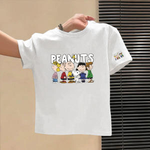 Bandai | New Style Short-sleeved T-shirt for Boys and Girls Featuring Snoopy Cartoon Print Made of Pure Cotton. Suitable for Summer.