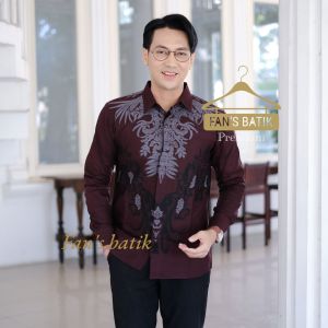 New kemeja batik pria slimfit BRAHMANA maroon burgundy lapis furing lengan panjang/kemeja atasan pria warna merah maroon burgundy lengan panjang motif terbaru