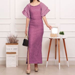 Baju Gaun Wanita Giselle Dress Brokat Lapis Satin Dres Panjang Belah Paha Korean Style Pesta Premium Import Terbaru Kekinian Murah