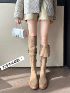 Giày Bốt Cao Đến Đầu Gối Cho Nữ Mùa Thu Đông Đế Dày Cổ Điển Nhung Nhỏ Cao Gót Giày Bốt Ngựa Thời Trang Có Khóa Kéo