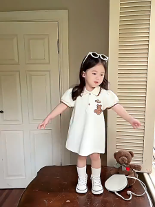 1-9 ปี ชุดเดรสโปโล ลายหมี แฟชั่นฤดูร้อน สไตล์เกาหลี สําหรับเด็กผู้หญิง