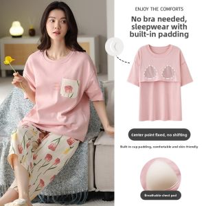 miiow | Cat Lady Summer Sleepwear Pure Cotton Casual Loose Short Sleeve With Chest Pad Anti-Bulge Pants Comfortable Home Clothes