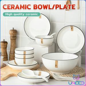 Japanese Ceramic Serving Bowl 5/8/10 Inch Soup Bowl Plate Salad Mixing Bowl Non-Slip Base Durable White Black Border 1PC