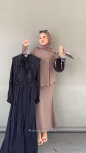 Syakila Couple Gamis Loli dan Kemeja Batik Baju Lebaran Muslim Model Rompi Tille Bordir Leher Pita