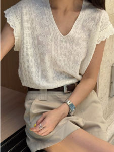 YUEZHONGWEI | French Lace Hook Flower White Small Fly Sleeve Ice Silk Linen Short Sleeve Knitted Women Summer Loose Fly Sleeve Top