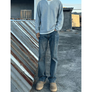 กางเกงยีนส์ทรงหลวมเอวสูงผู้ชาย กางเกงขายาวทรงตรง ทรงหลวม ทรงลำลอง สไตล์อเมริกัน ฤดูใบไม้ร่วง/ฤดูหนาว กางเกงยีนส์บุขนแกะสีดำ