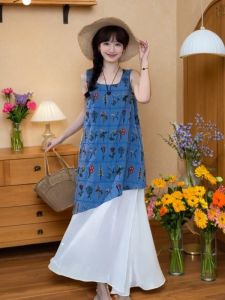 Váy Dài Không Tay Kiểu Pháp Thanh Lịch Cỡ Lớn Không Tay Thời Trang Mùa Hè Váy Chữ a Cạp Rộng in Họa Tiết Cổ Chữ U