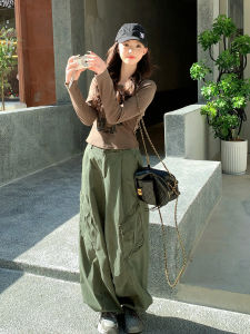 Military Green American Casual Sports Style Womens Set Pants T-Shirt Workwear Wide Leg Pants Two Piece Set round Neck