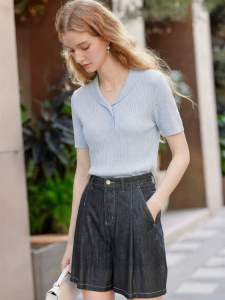 XIANGYING | Áo Sơ Mi Knit Pháp Cổ Polo Chất Linen