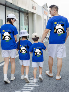 Klein Blue Family Matching Summer Clothes Short Sleeve Bear Panda Design for Mom Dad Kids Boys Girls Toddlers And Babies