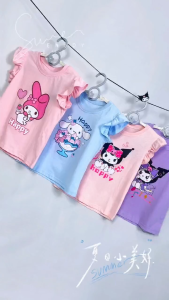 Casual T-shirt for Girls Kids Cute Ruffle Sleeve Round Neck Cute Printed Design Blouse Tops for Kids Girls 1-10 Years Old