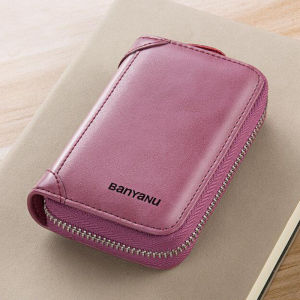 BANYANU Women Zipper Card Holder Bag Original Small Cow Genuine Leather Purse for Girl