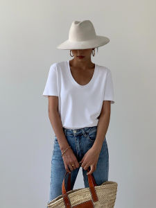 NEVA HU Womens White Loose Fit Shoulder T-Shirt Casual V-Neck Short Sleeve Base Shirt Summer New Style Korean Version