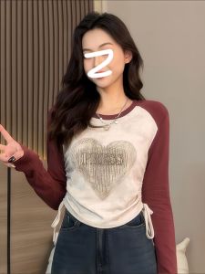 plus Size Long Sleeve Drawstring Design Base Shirt T-Shirt Spring New Style Conceal Meat Slimming Trendy Top Womens Fashion