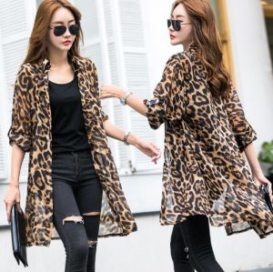 Chiffon Leopard Print Sun Protection Lightweight Jacket for Women Mid Length Loose Long Sleeve Thin Top