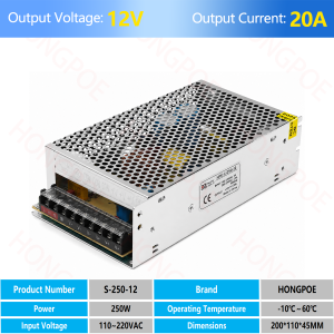 CE 250W Switching Power Supply 12V/24V/36V/48V DC 5A/7A/10A/20A Input 110/220V AC Adjustable Transformer for LED Lighting CCTV
