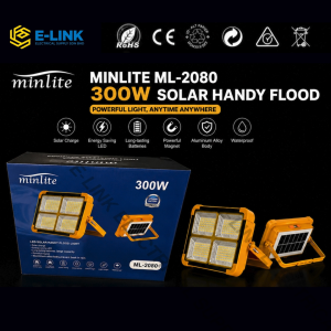 Minilite ML-2080 300W Solar Handy Flood Light with Solar Charge Energy Saving LED Long Lasting Batteries Powerful Magnet Aluminum Alloy Body Waterproof.