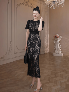 Elegant round Neck Lace Dress High Waist Slim Fit Bodycon Skirt Heavy Embroidery Summer New Style Fashionable Lady Model