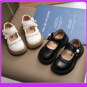 Princess Style Summer Single Shoes for Girls Black Leather Childrens Footwear Slip-On round Toe Rubber Outsole Soft Surface